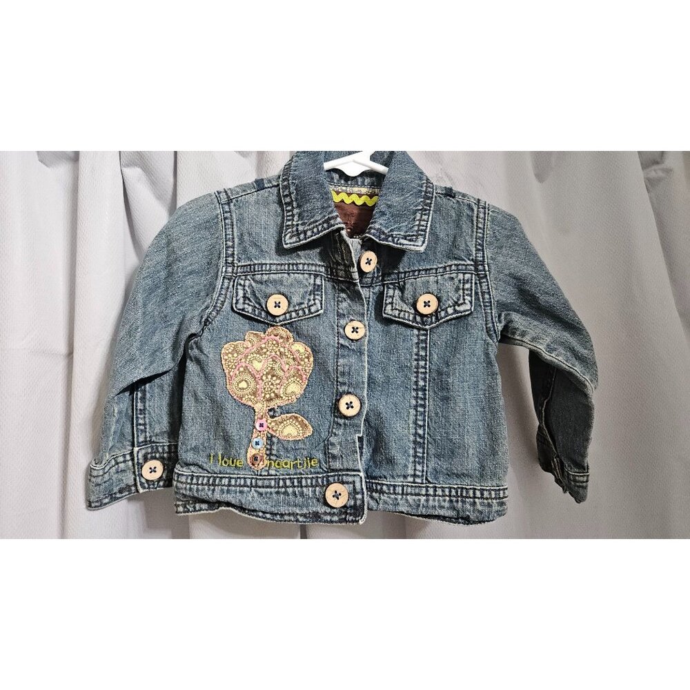 Naartjie Kids Denim Jacket W/ Embroidered Flower & Button Baby Girl 12/18 Months